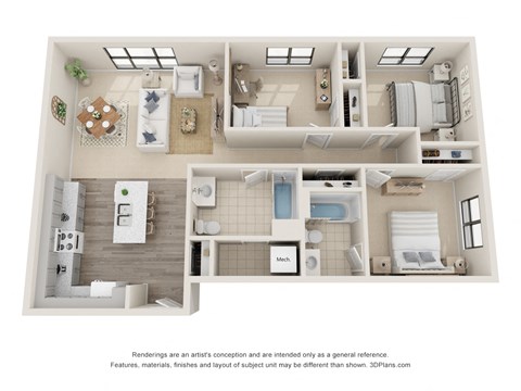 Floor plan for 3 beds, 2 baths, 1116 sqft